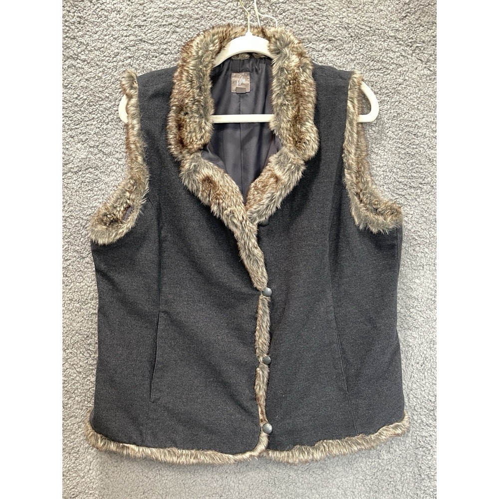 J.Jill Gray Wool Blend Vest XL Faux Fur‎ Trim Button Front
